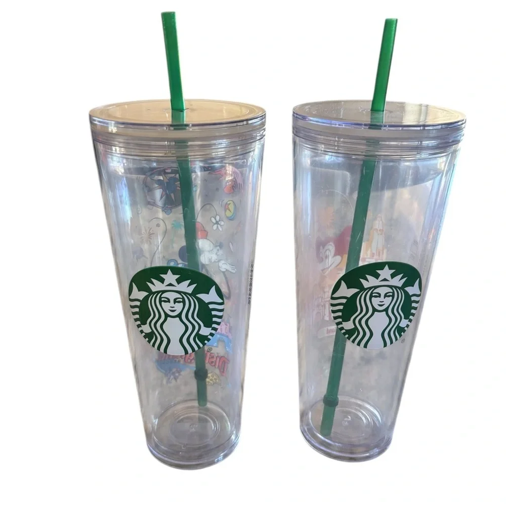 Disney Starbucks Reusable Tumbler with Green Straw x2